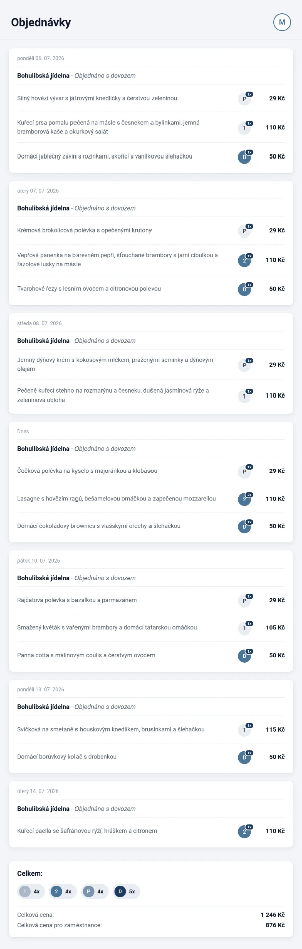 Aplikace Lunchdrive — přehled objednávek na celý týden